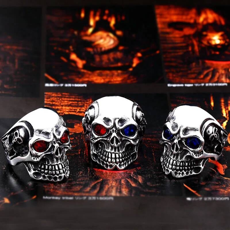Red & Blue Eye Skull Ring – 316L Stainless Steel Gothic Evil Eye Accessory
