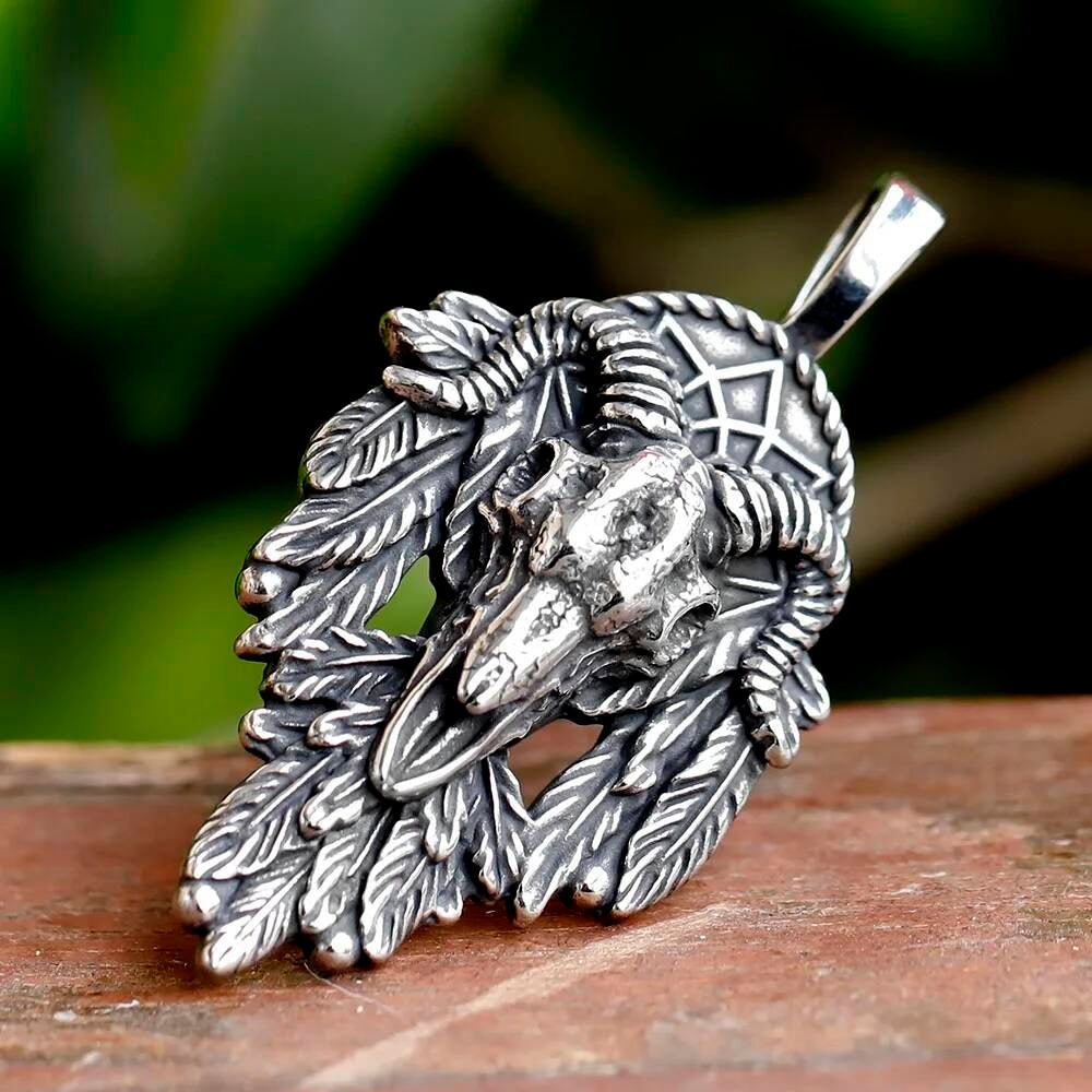 Ram Skull and Feather Pendant Necklace – Mystical Spiritual Jewelry