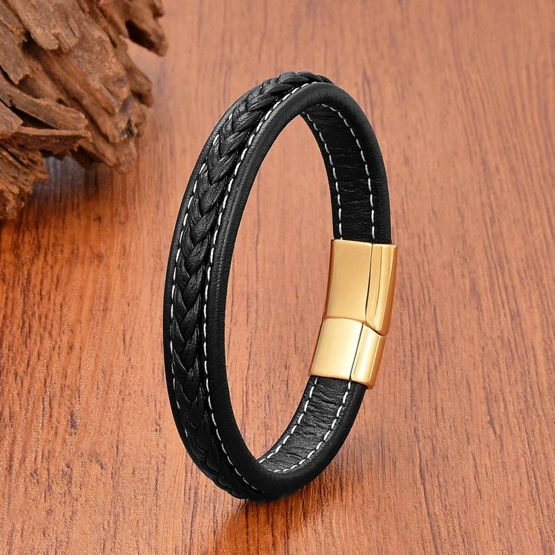 Vintage Men Europe and America Stainless Steel Magnet Open Bangle Multi-Size Woven Leather Hand Rope Classic Party Gift Present Style B-Gold