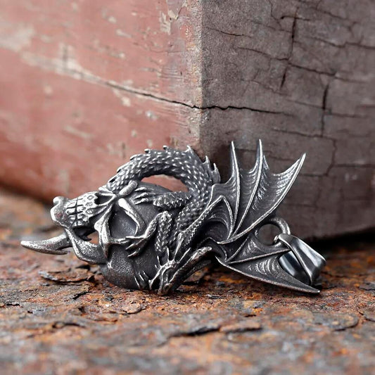 Dragon and Skull Pendant Necklace, Silver Gothic Jewelry with Fierce Mythological Design