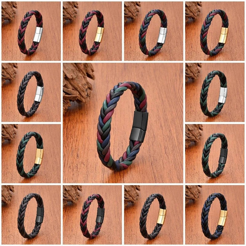Retro Punk Style Men Gift Jewelry Braided Leather Rope Bracelets Stainless Steel Magnetic Buckle Personalized Bracelet