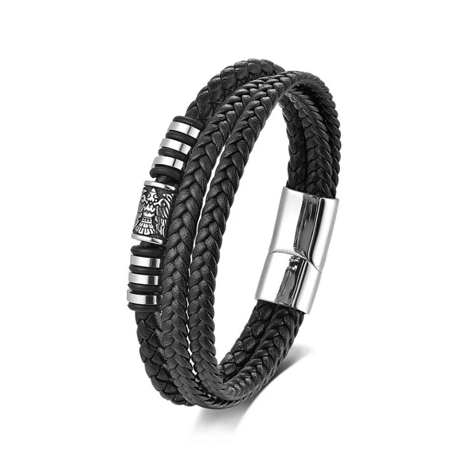 Mens Braided Leather Bracelet – Multi-Layer Stainless Steel Norse Viking Bangle
