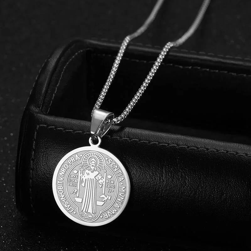 316L Stainless Steel San Benito Medal Pendant Chain Necklace Father Saint Benedict Religious Jewelry Accessories Silver
