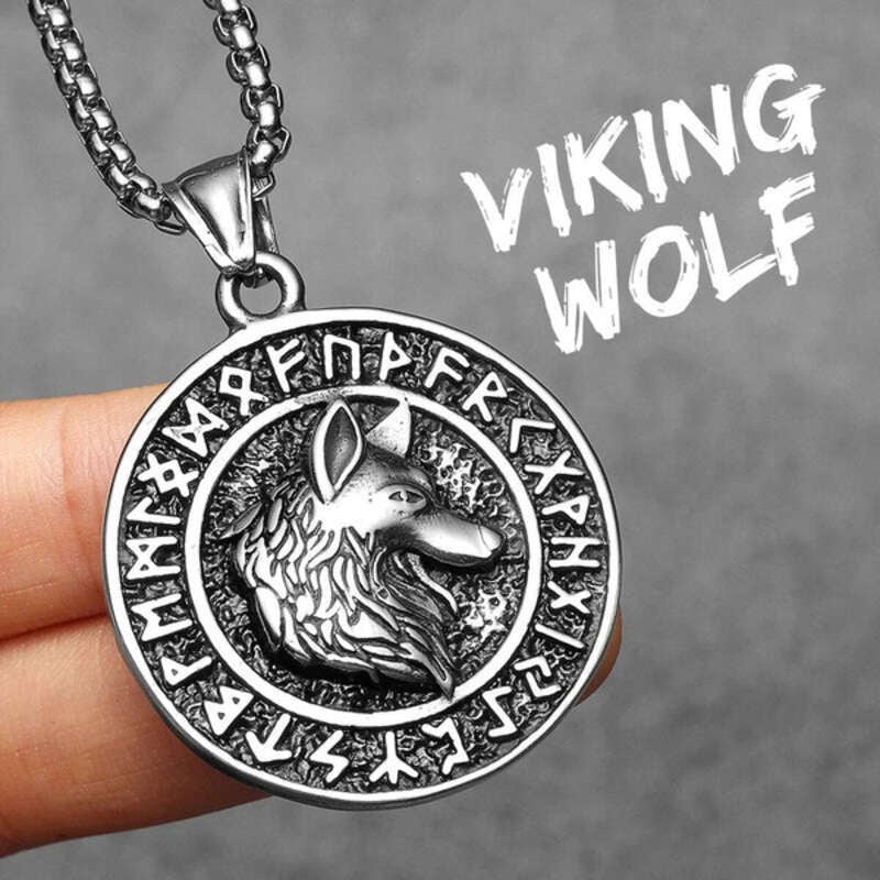 Viking Wolf Head Pendant Necklace – 316L Stainless Steel Norse Rune Amulet N1502-60cm chain