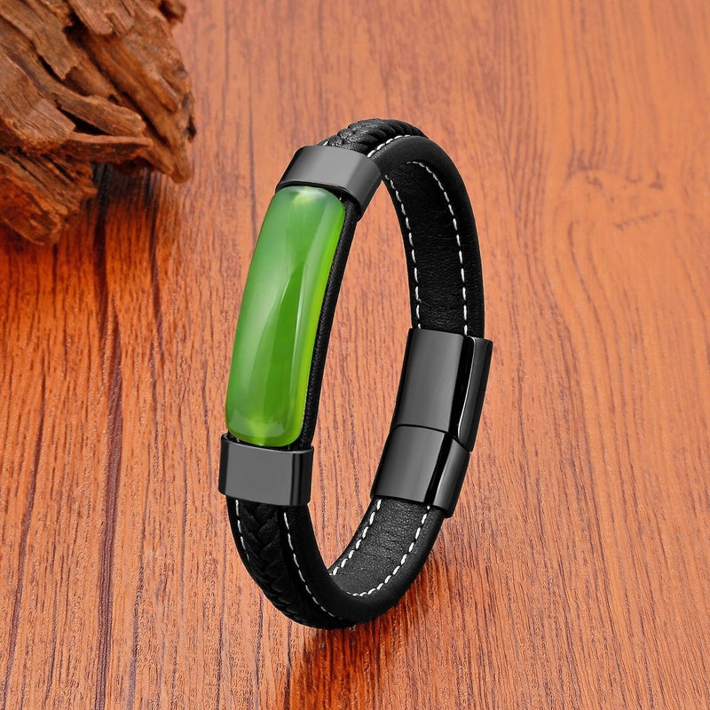 Black Braided Leather Bracelet with Green Jade Beads - Stylish Multi-Layer Magnetic Clasp Jewelry for Casual Wear and Gifts Light Green