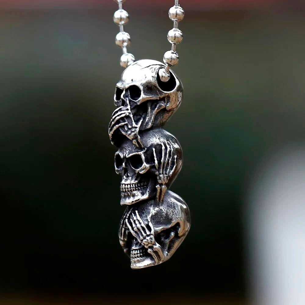 316L Stainless Steel Three Skull Pendant Necklace Gothic Style