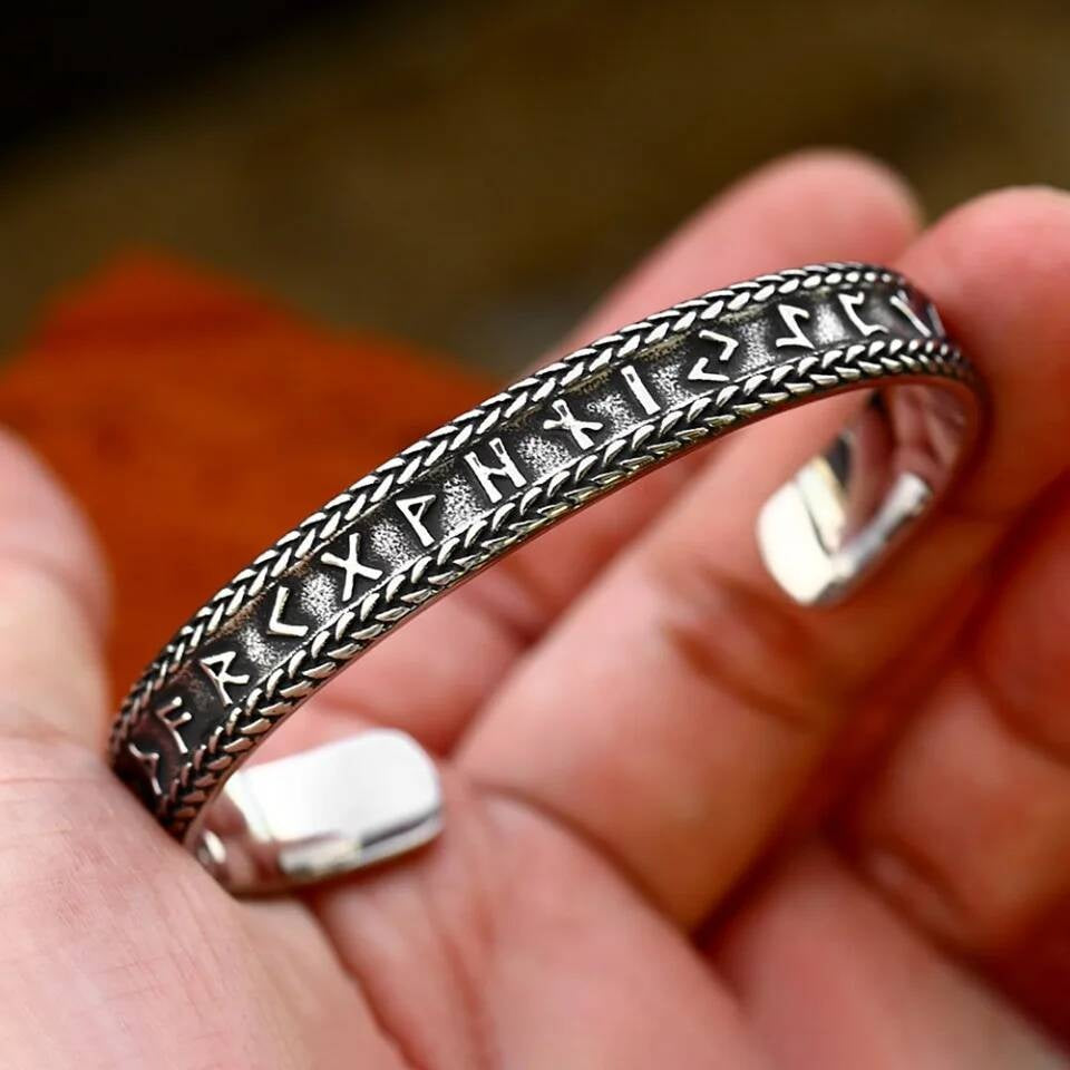 Viking Rune Bracelet with Braided Edge – Nordic Stainless Steel Cuff Style A