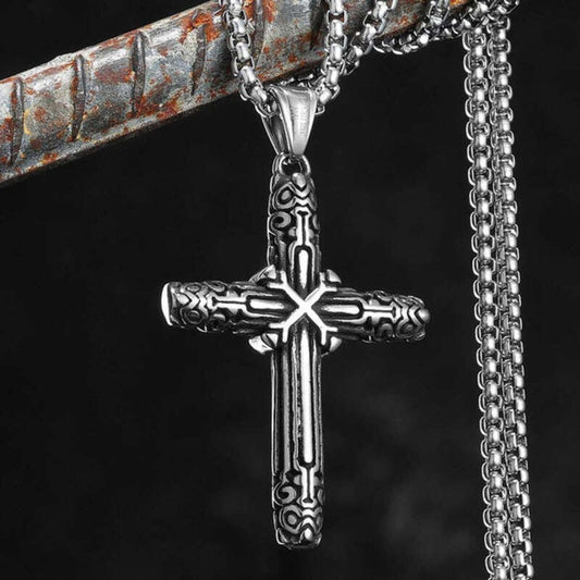 316L Stainless Steel Engraved Gothic Cross Pendant Necklace for Men
