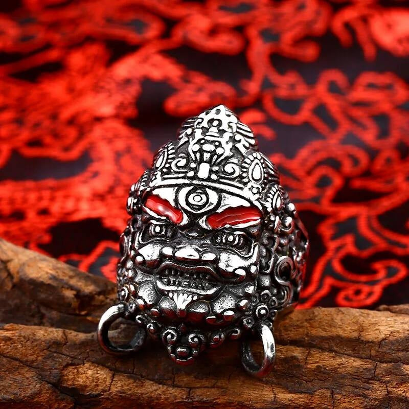 Tibetan Guardian Deity Ring – Stainless Steel Warrior Mask Jewelry