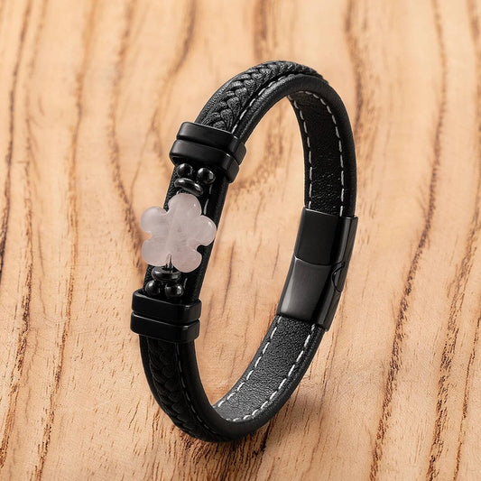 Black Braided Leather Bracelet with Green Jade Beads - Stylish Multi-Layer Magnetic Clasp Jewelry for Casual Wear and Gifts Black-A