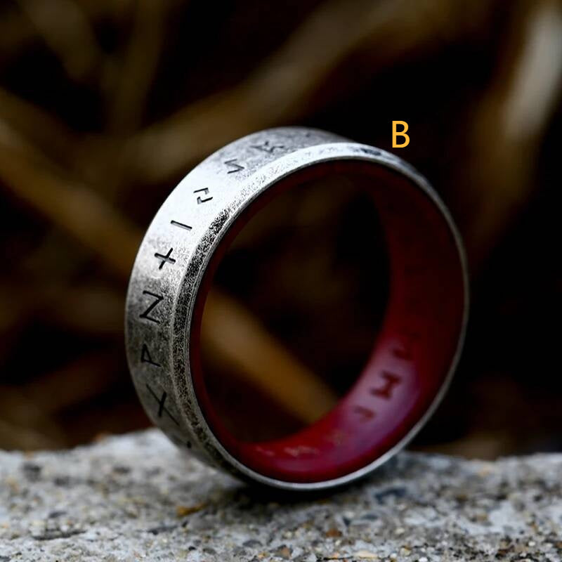 316L Stainless Steel Norse Rune Ring Red Vintage Viking Band