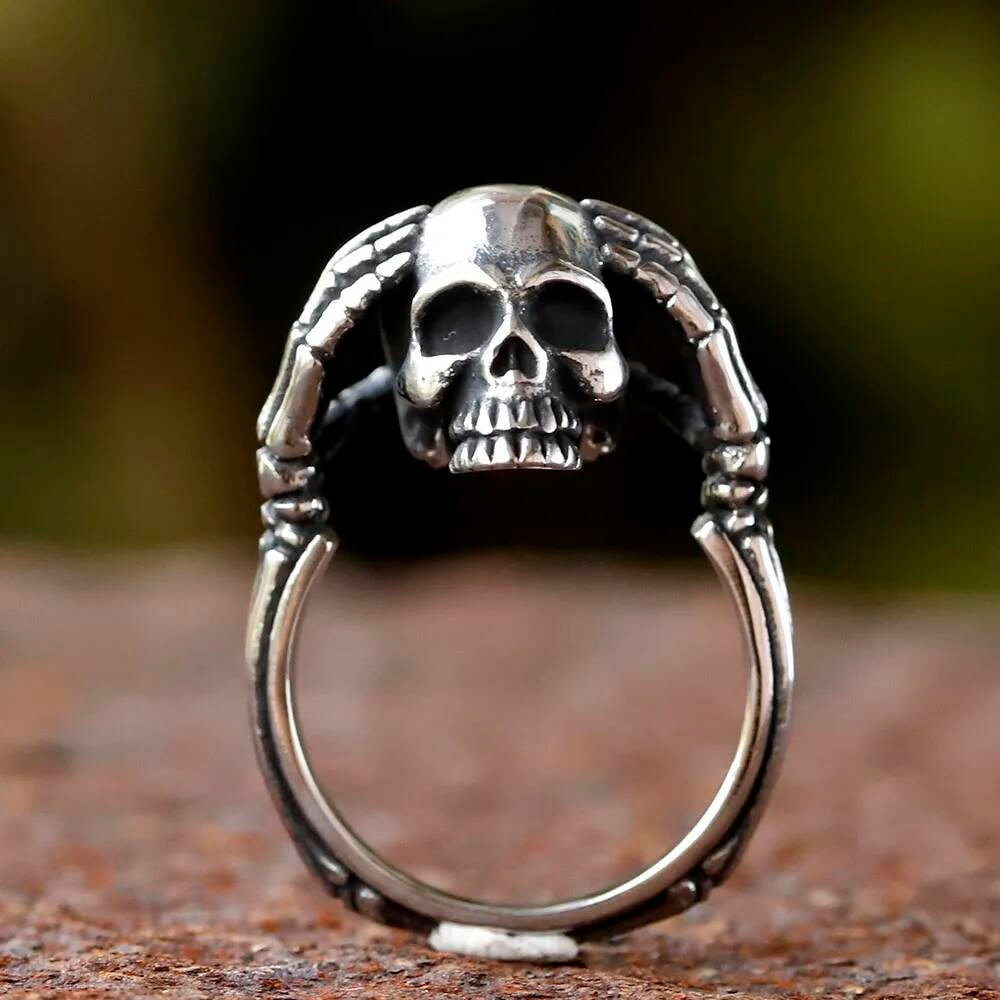 Vintage Hinged Skull Cuff Ring - Gothic Hip Hop Fashion Jewelry for Women As Shown