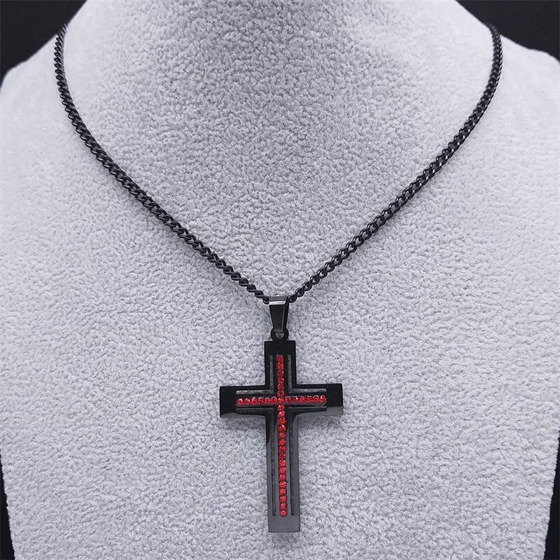 Stainless Steel Red Stone Black Cross Pendant Chain Necklace For Men Women Jewelry Goth Accessories Gift