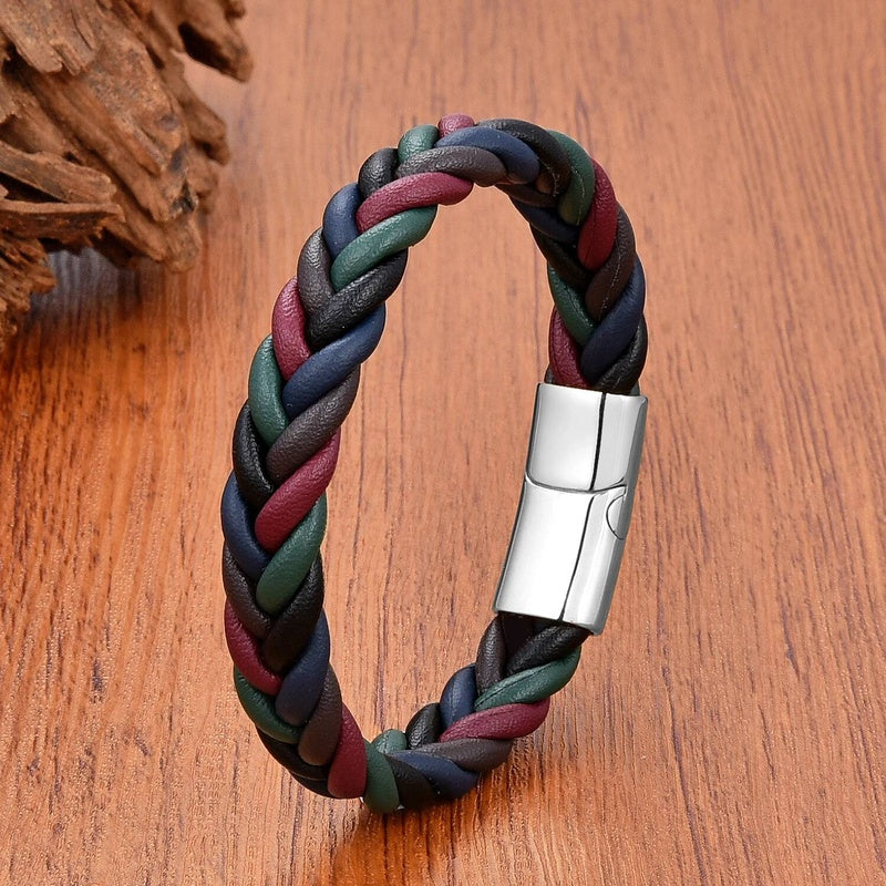 Retro Punk Style Men Gift Jewelry Braided Leather Rope Bracelets Stainless Steel Magnetic Buckle Personalized Bracelet Style B-White