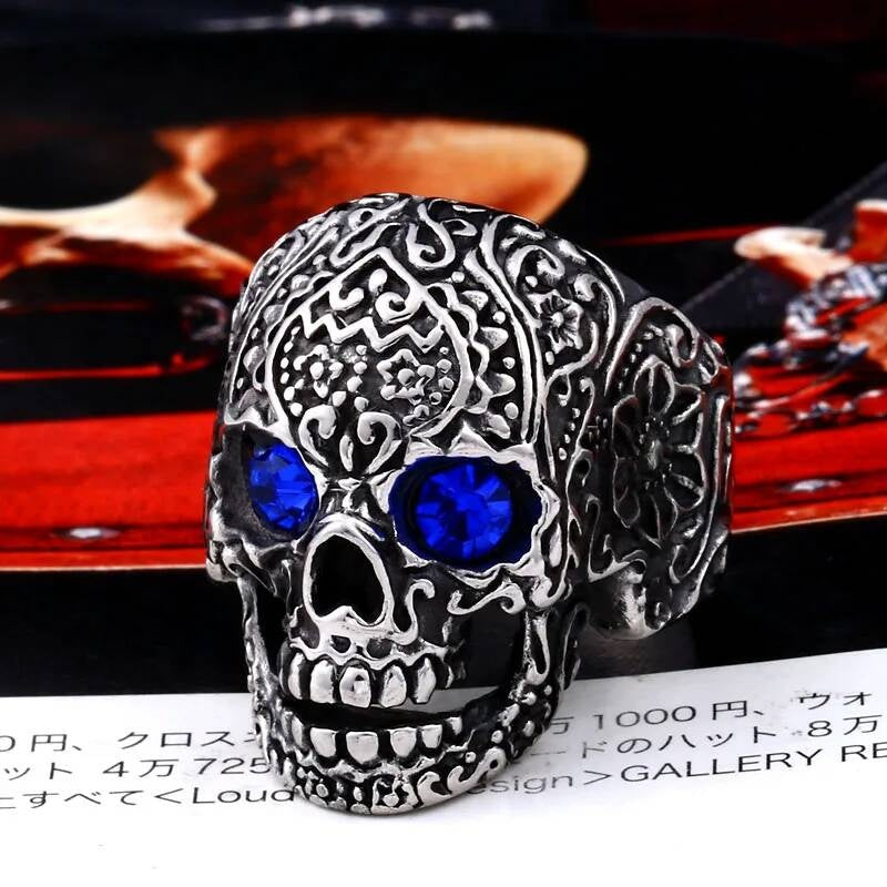Gothic Skull Ring with Red Crystal Eyes – Stainless Steel Sugar Skull Blue