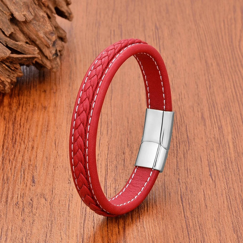 Vintage Men Europe and America Stainless Steel Magnet Open Bangle Multi-Size Woven Leather Hand Rope Classic Party Gift Present Style C-White