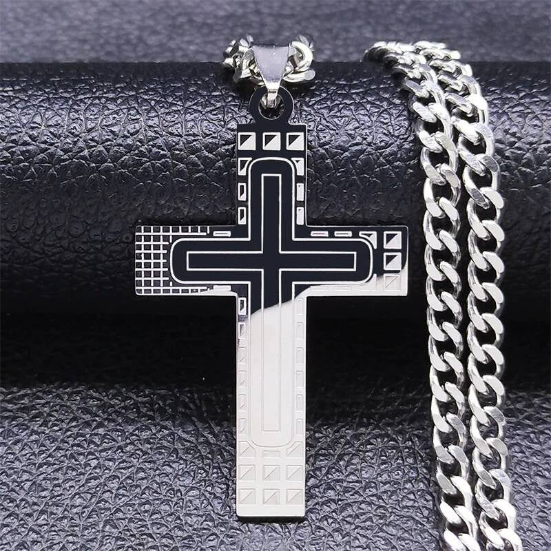 Stainless Steel Cross Pendant Necklace Chain For Men Jewelry Catholic Crucifixes Rosaries Accessories Silver