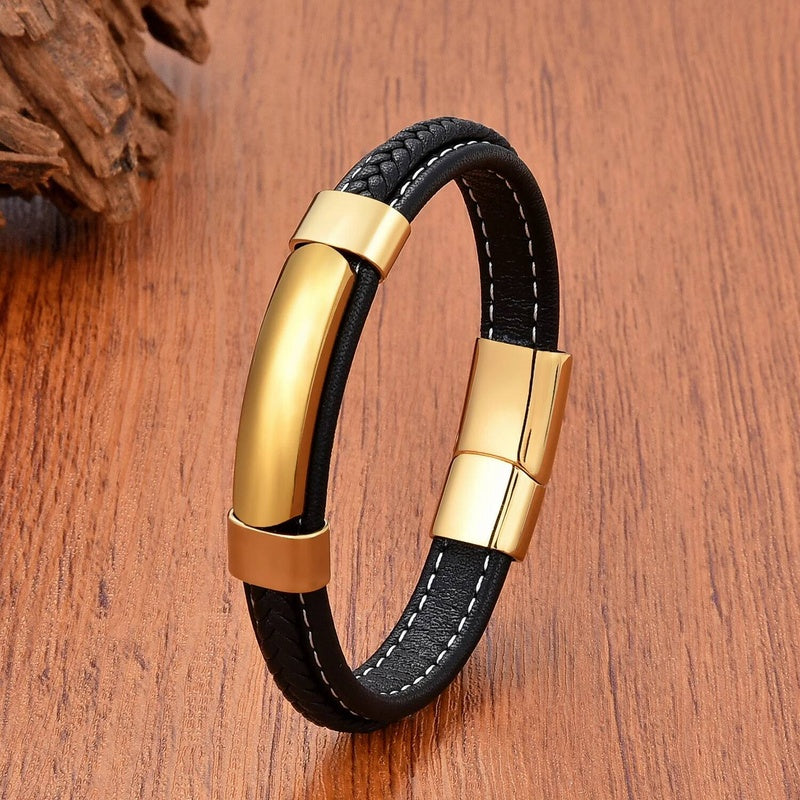 Fashion Geometric Shape Onyx Stone Bracelets Ladies Black Multilayer Leather Rope Men Bracelet Stainless Steel Jewelry Wholesale Gold-A