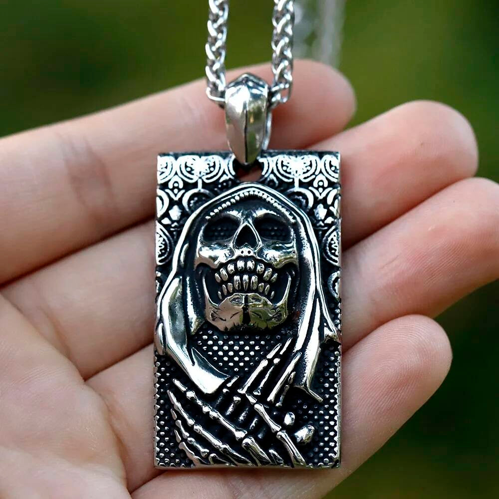 316L Stainless Steel Hooded Skull Rectangle Pendant Necklace Men