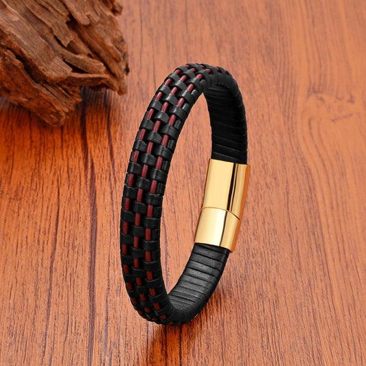 Men's Black and Red Leather Bracelet for Unique Gifts Gold-Style B