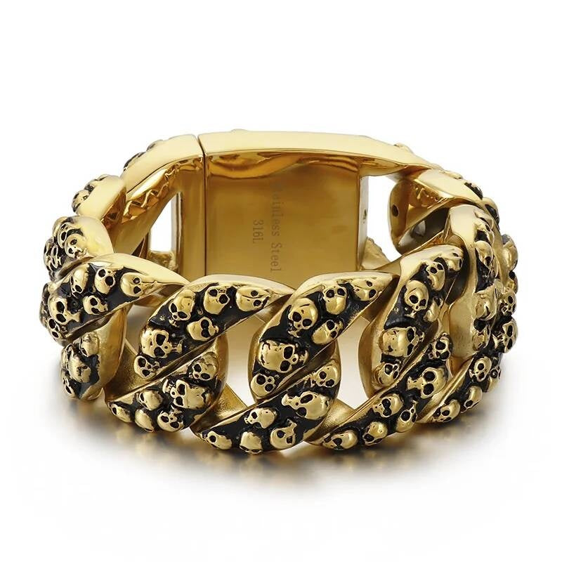 31m Large Ghost Head Cuban Bracelet Men 316L Stainless Steel Punk Skull Bone Jewelry Gold Color 22cm