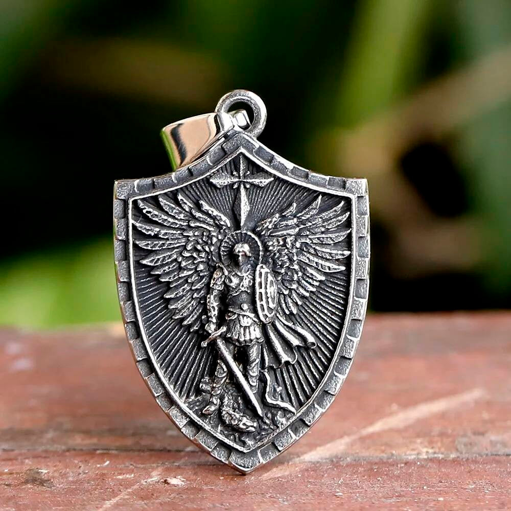 Angel Warrior Shield Pendant – 316L Stainless Steel Men’s Amulet Necklace