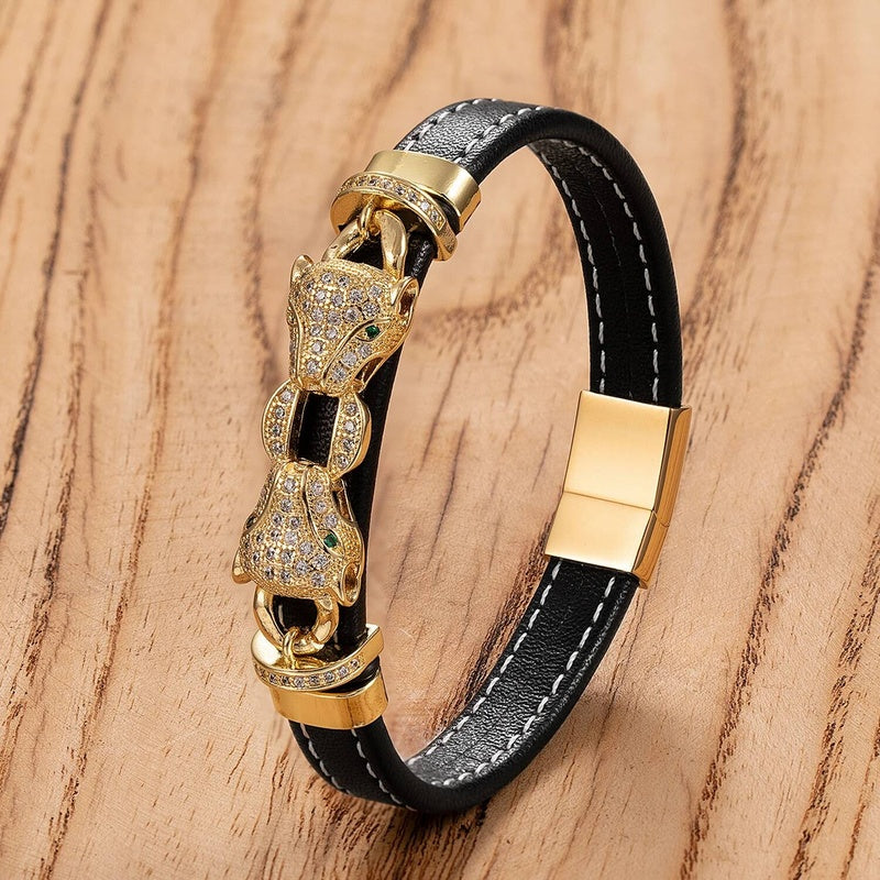 Style Classic Animal Leopard Head Hand Leather Braided Stainless Steel Bracelet For Man Woman Daily Wear Jewelry Gift Gold-B