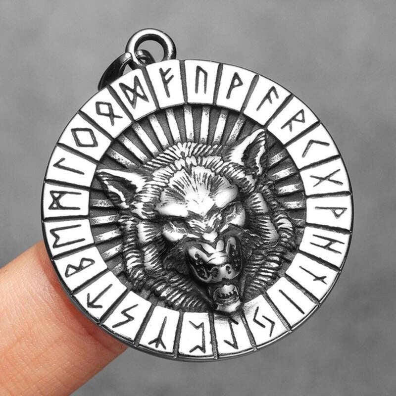 316L Stainless Steel Viking Wolf Rune Pendant Necklace – Norse Fenrir Amulet