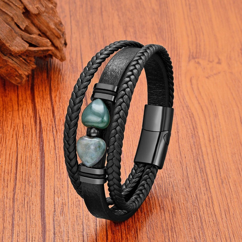 Black Braided Leather Bracelet with Green Jade Beads - Stylish Multi-Layer Magnetic Clasp Jewelry for Casual Wear and Gifts Moss Agate