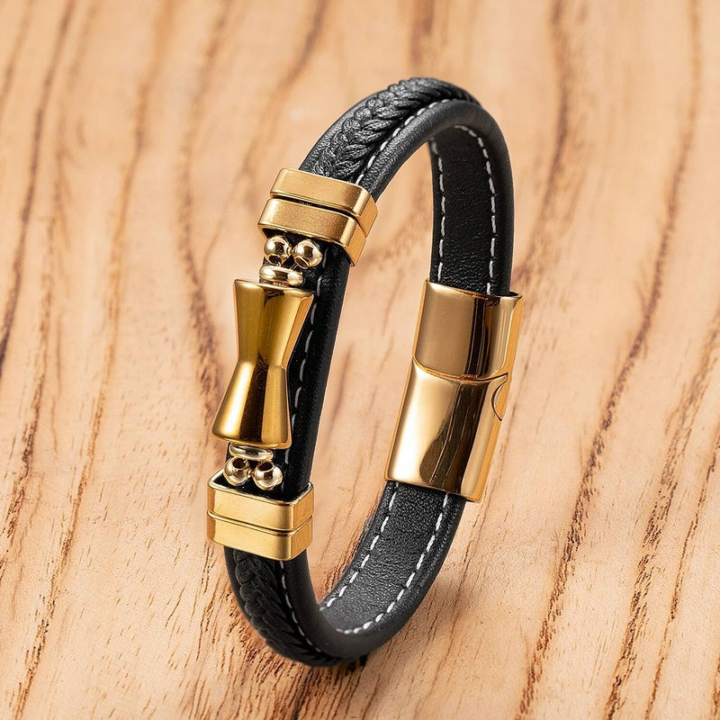 Black Braided Leather Bracelet with Green Jade Beads - Stylish Multi-Layer Magnetic Clasp Jewelry for Casual Wear and Gifts Gold-B