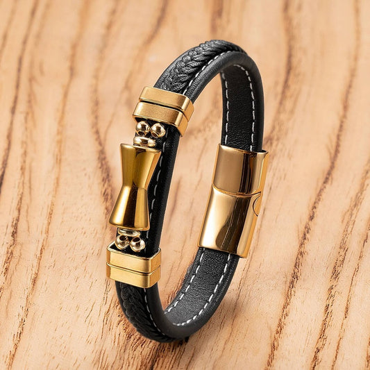 Black Braided Leather Bracelet with Green Jade Beads - Stylish Multi-Layer Magnetic Clasp Jewelry for Casual Wear and Gifts Gold-B
