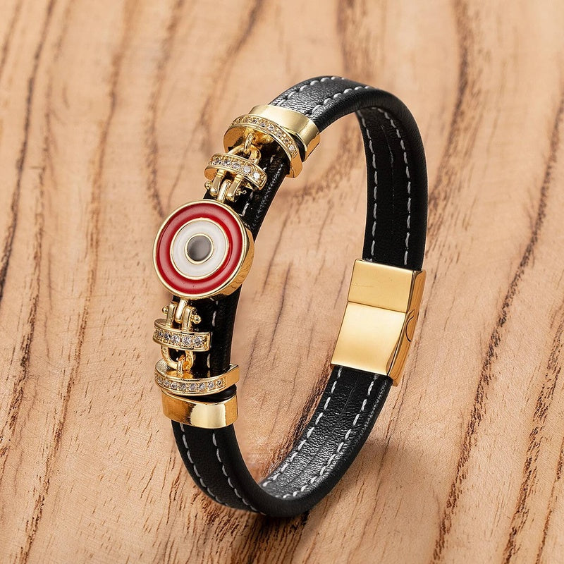Woven Leather Turkish Blue Evil Eye Zircon Bracelet Punk Stainless Steel Jewelry Fashion Charm Valentines Day Gift Gold-F