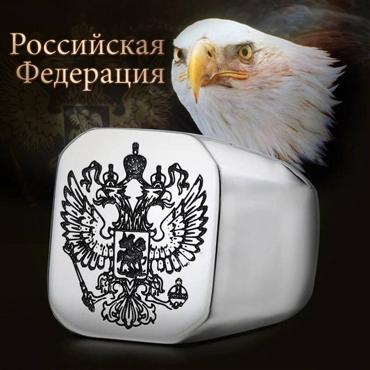 Russian Coat of Arms Signet Ring – Polished 316L Stainless Steel Biker Band