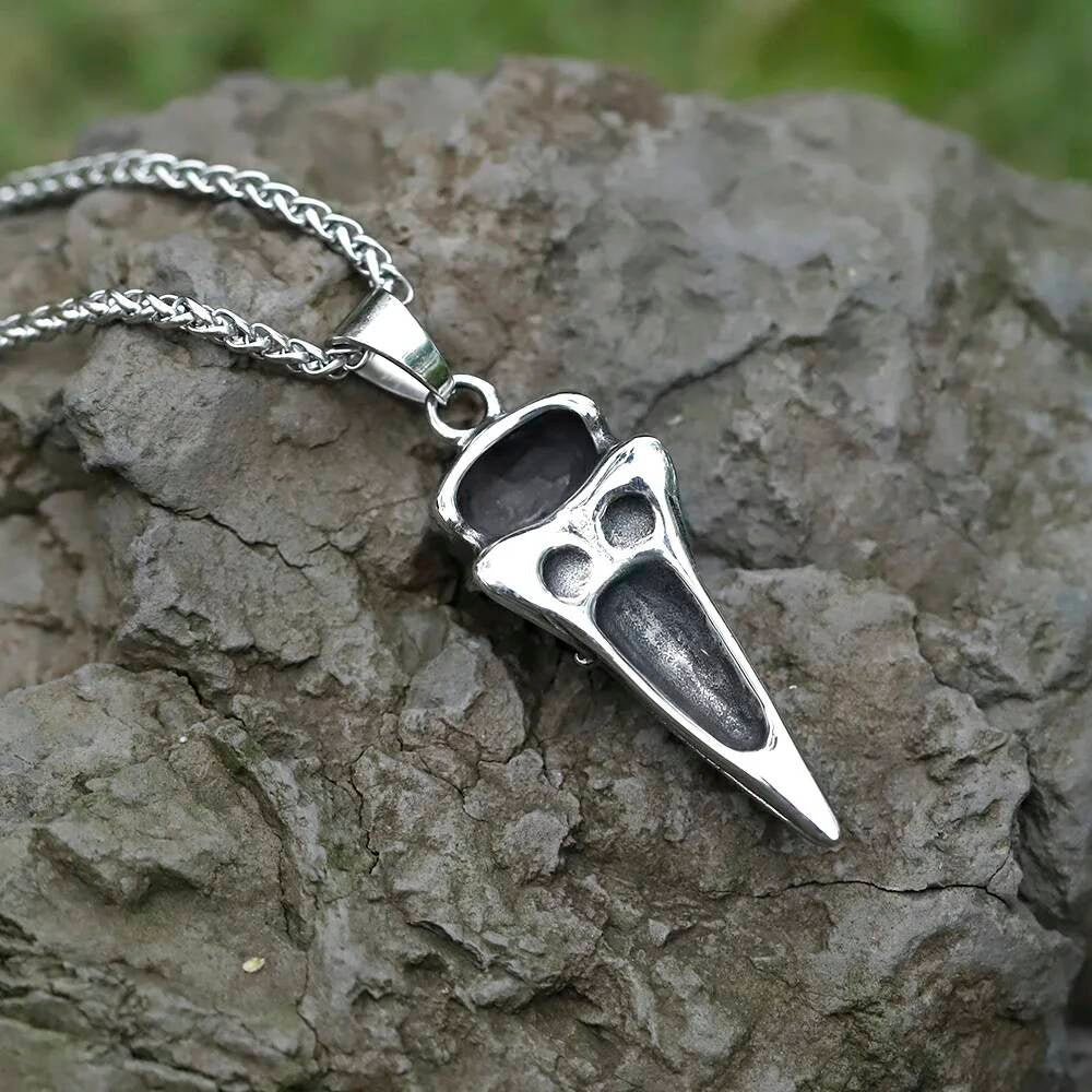 Crow Skull Pendant Necklace, Silver Gothic Jewelry with Intricate Bird Design