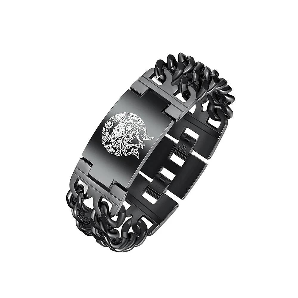 Black Stainless Steel Wolf Head Bracelet – Viking Chain Style B
