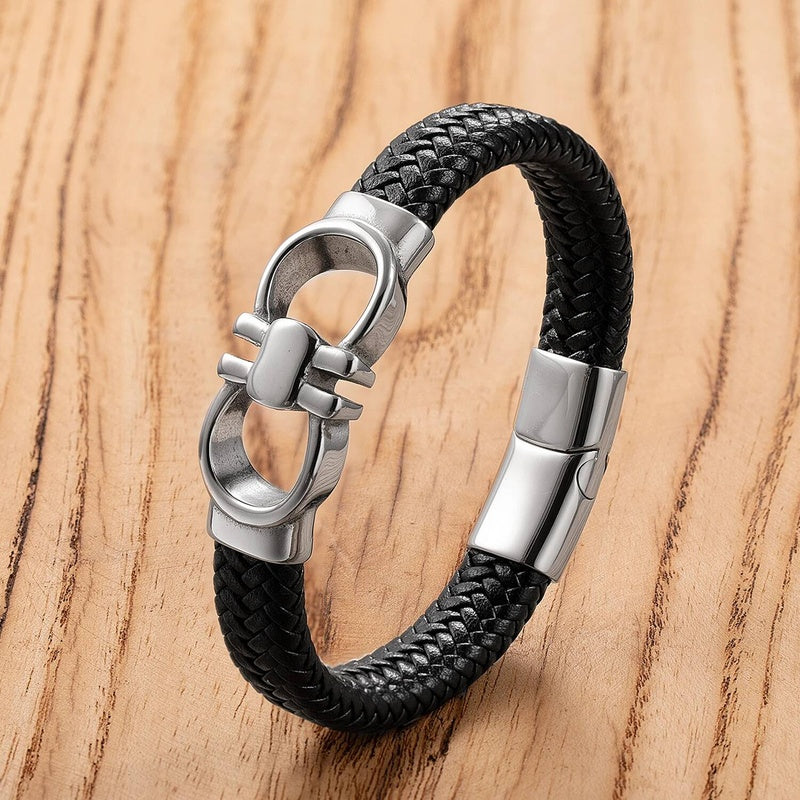 Black Braided Leather Bracelet with Green Jade Beads - Stylish Multi-Layer Magnetic Clasp Jewelry for Casual Wear and Gifts Style-C