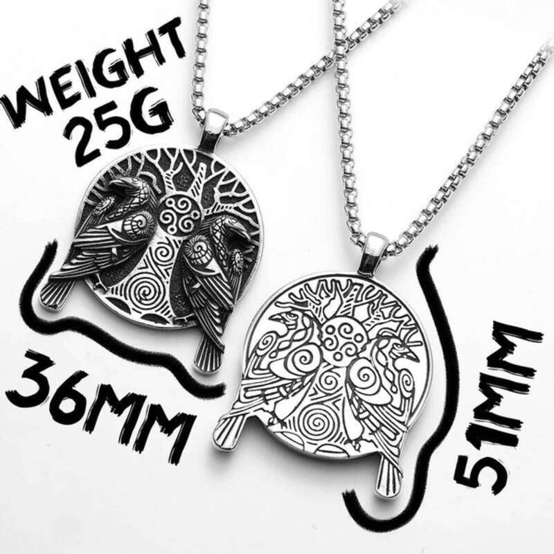 Odin’s Ravens Pendant – Huginn & Muninn Viking Necklace with Yggdrasil & Triskelion