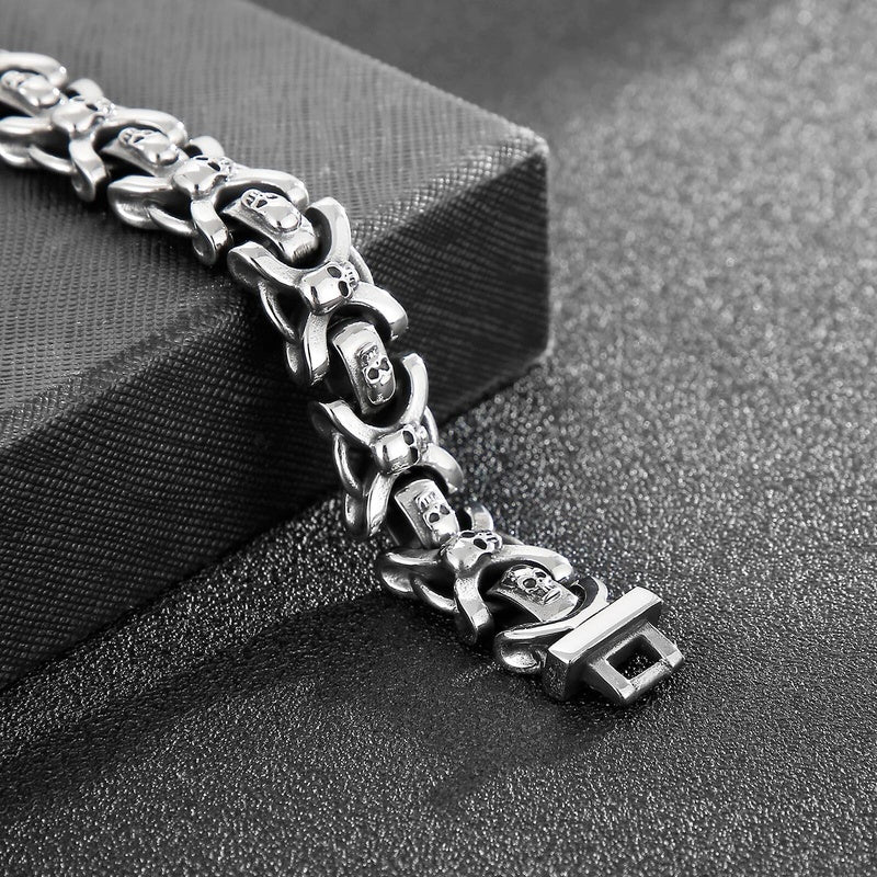 Engraved Name Stainless Steel Men Punk Skull Chain Bracelet Mens Fashion Charm Jewelry