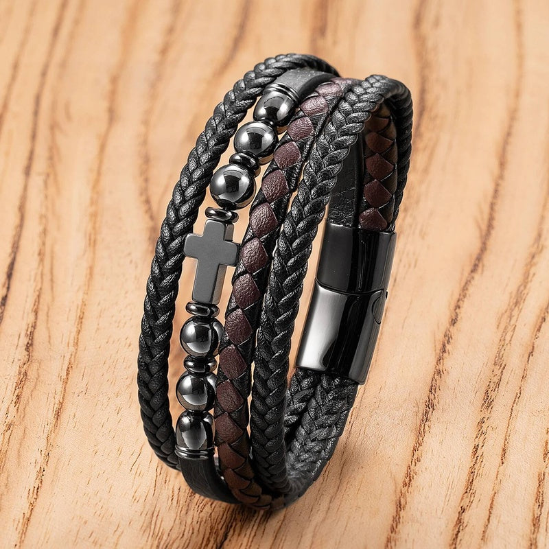 Black Braided Leather Bracelet with Green Jade Beads - Stylish Multi-Layer Magnetic Clasp Jewelry for Casual Wear and Gifts Style-G