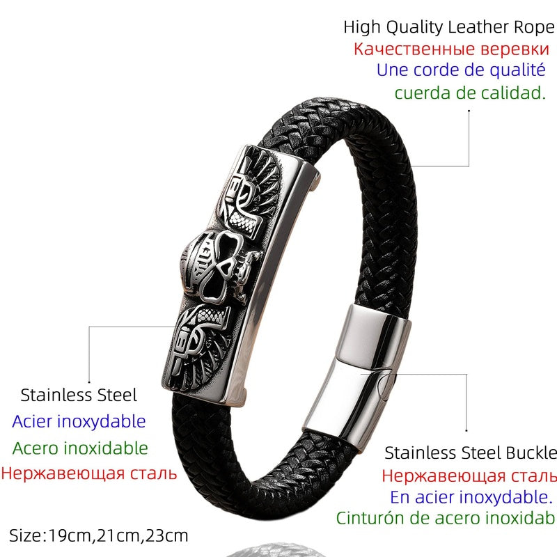 Men's Black Leather Skull Bracelet for Edgy Style