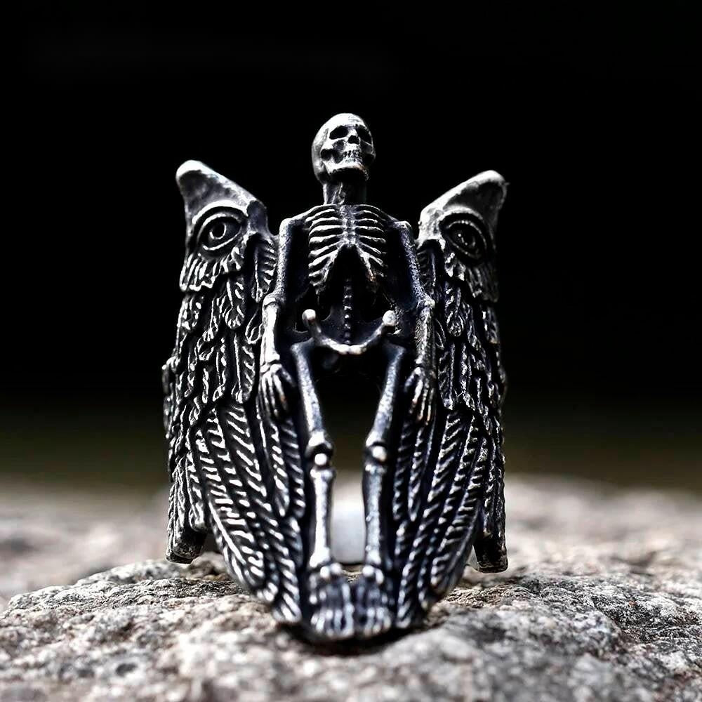 Angel Wing Skull Ring - Viking Aegishjalmur Stainless Steel Gothic Jewelry
