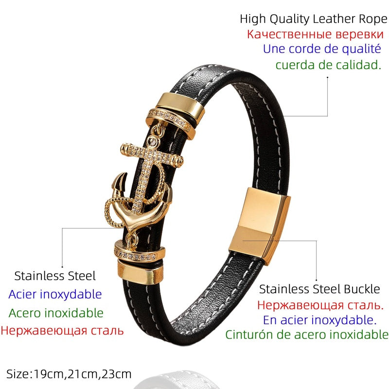 Fashion Punk Stainless Steel Anchor Bracelets Genuine Leather Bangles for Men Bracelet Rock Hip Hop Jewelry