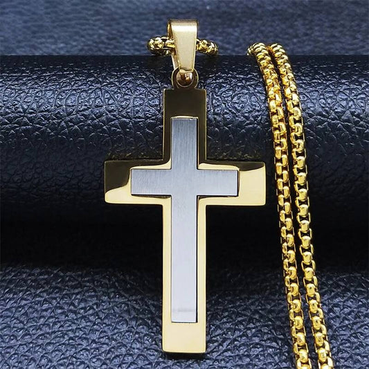 Stainless Steel Cross Pendant Chain Necklace For Men Christ Jesus Jewelry Catholic Crucifixes Rosaries Accessories Gold