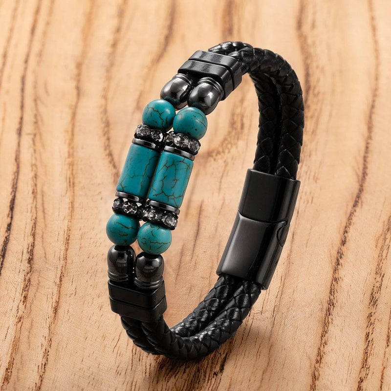 Black Braided Leather Bracelet with Green Jade Beads - Stylish Multi-Layer Magnetic Clasp Jewelry for Casual Wear and Gifts Turquoise