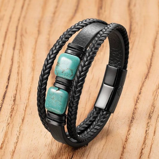 Geometric Stone Bangle Stainless Steel Multilayer Hand Woven Genuine Leather Bracelet For Men Jewelry Gift Style-A 23cm