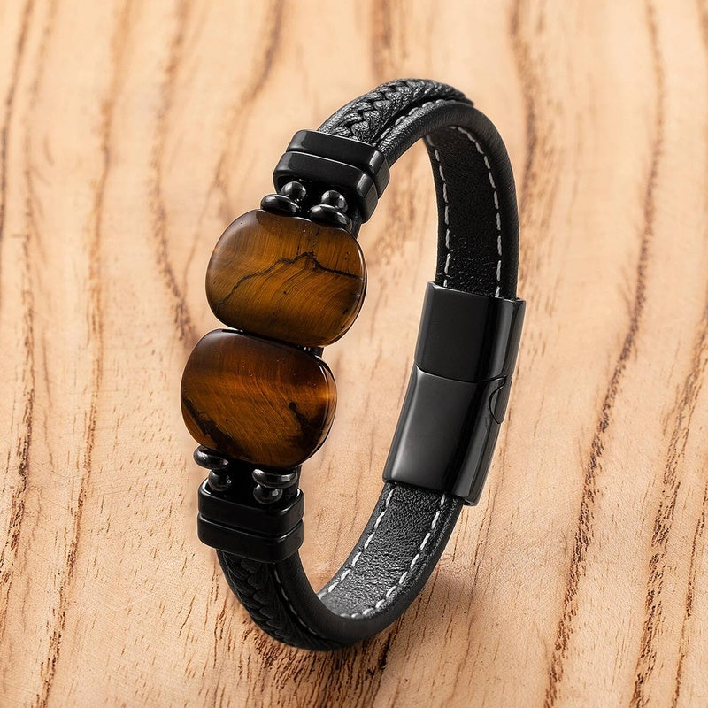 Natural Stone Leather Braided Fashion Men Women Stainless Steel Magnetic Clasp Bracelet Daily Wear Jewelry Couple Gift Tiger Eye