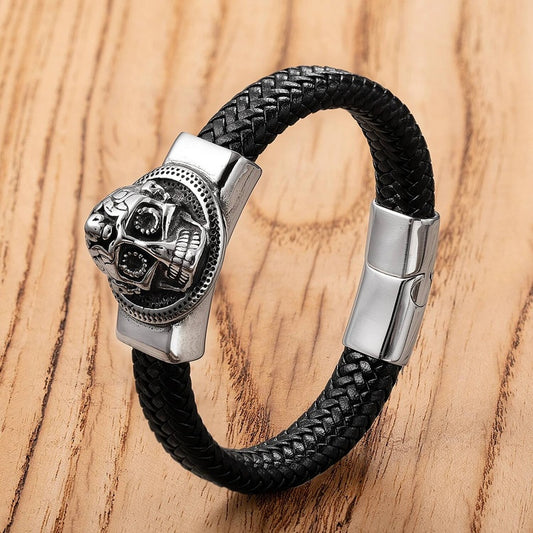 Men's Black Leather Skull Bracelet for Edgy Style Style-A