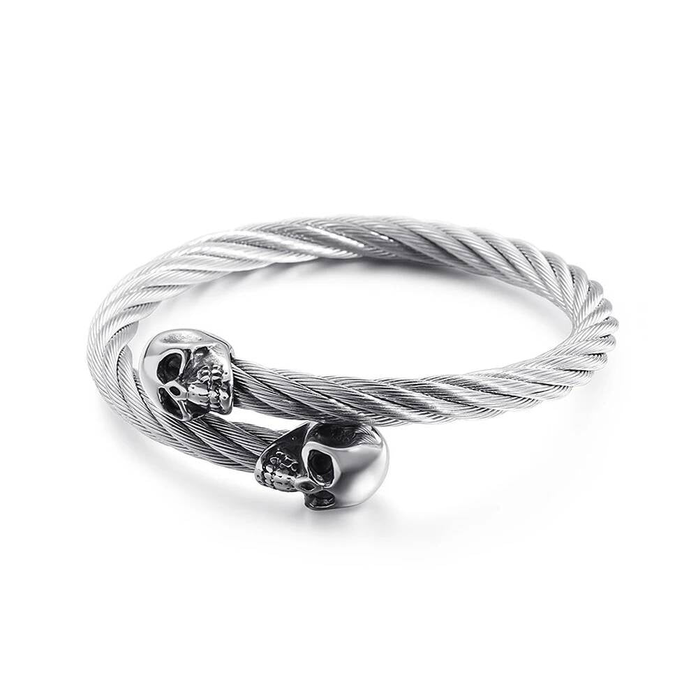 Twisted Cable Skull Cuff Bracelet for Men Gothic Punk Rock Biker Jewelry 316L Stainless Steel Open Bangle Style A