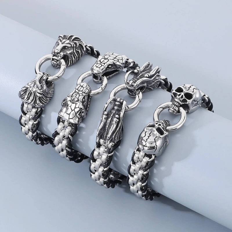 Stainless Steel 316L Snake Skull Dragon Animal Charm Bracelet For Men