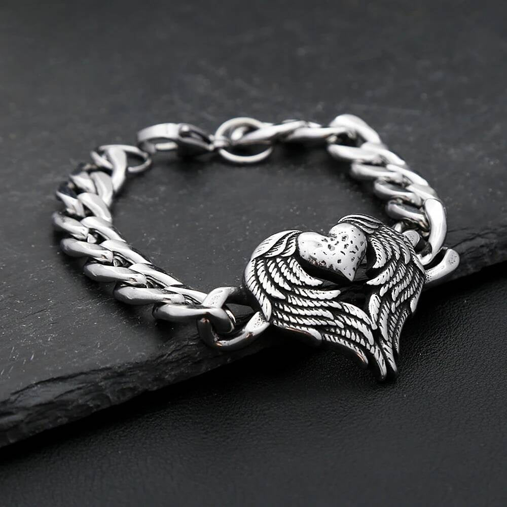 Angel Wing Heart Bracelet – 316L Stainless Steel Chain Link Bracelet with Gothic Winged Heart Pendant for Men & Women